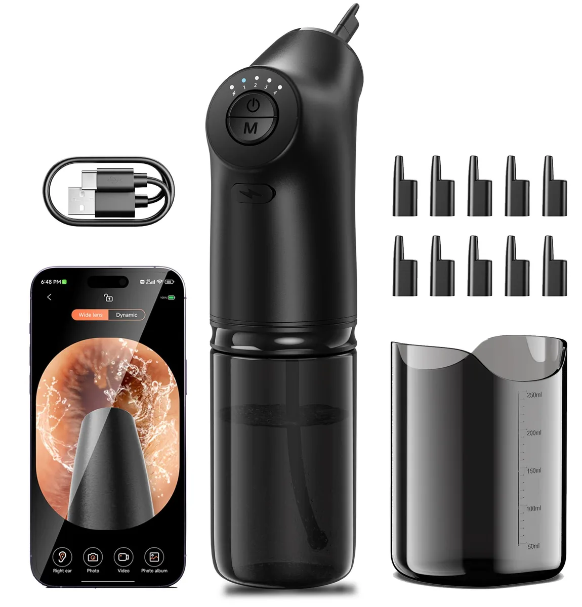 Black electric ear cleaner with built-in camera and nozzle tips