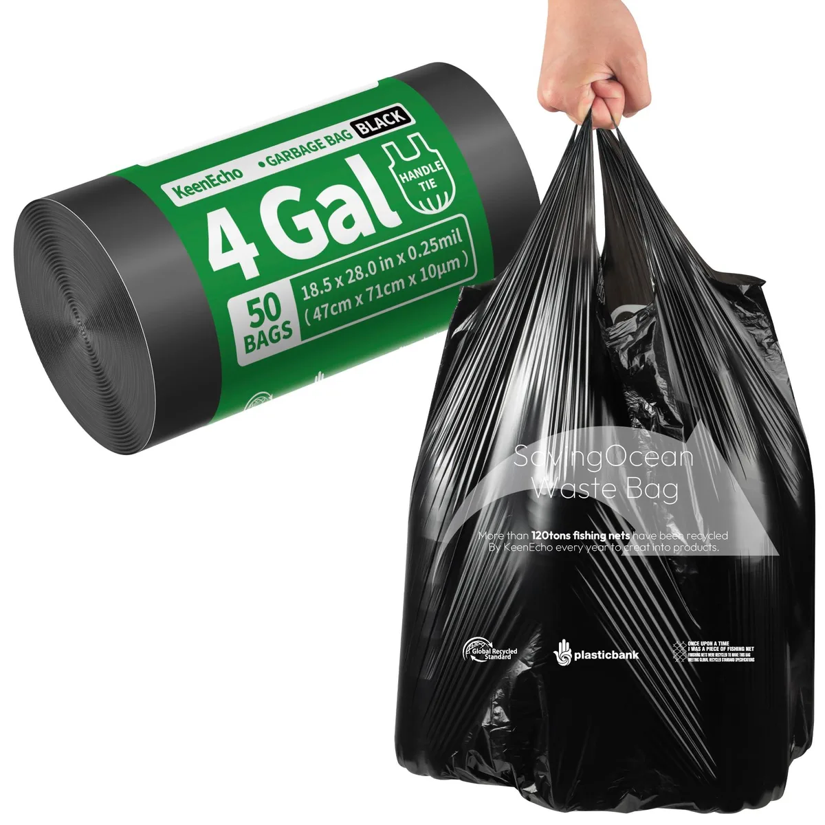 A roll of black plastic garbage bags with handles, 4 gallon capacity, 50 count