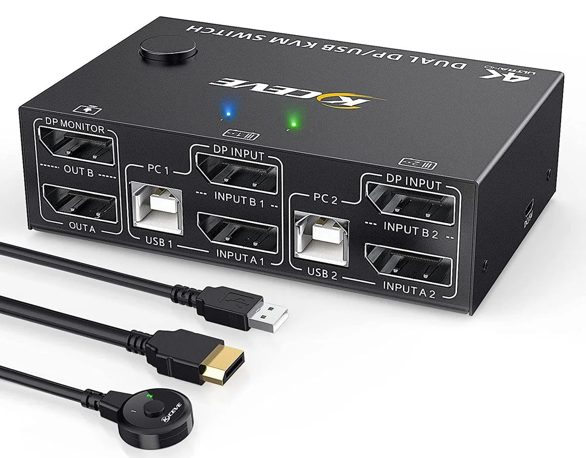 WRIARICH WRIARICH Dual Monitor DisplayPort KVM Switch 8K 30Hz 4K 144Hz 2 PC 2 Mon 4 USB 2.0 Wired Remote — product photo