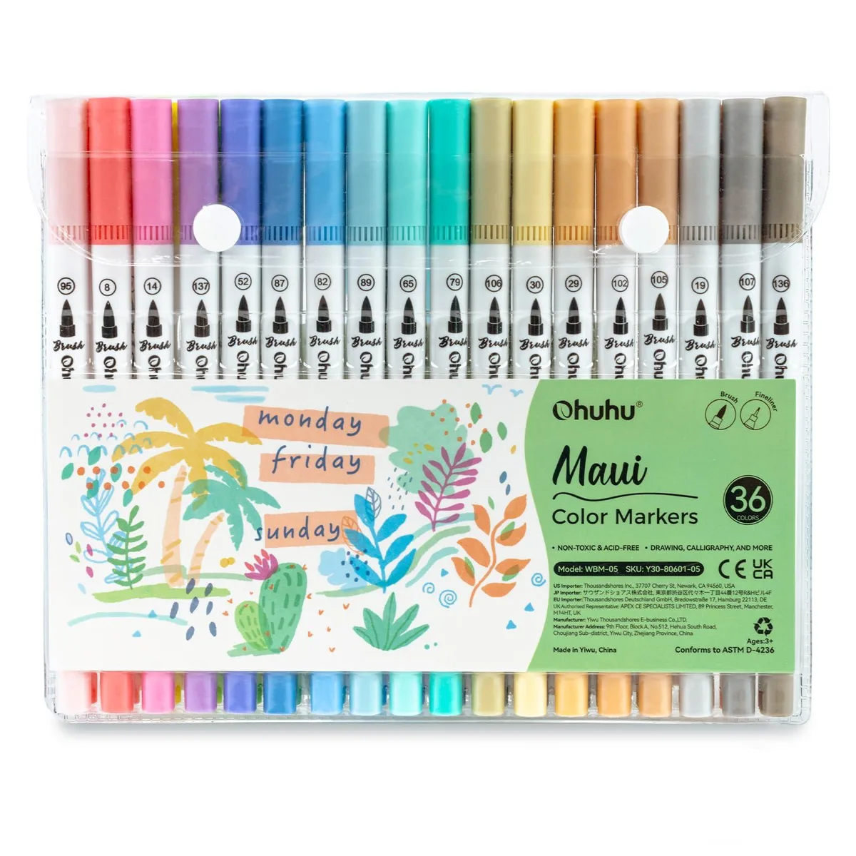  Ohuhu Y30-80601-05 drawing marker set 36 pastel colours dual brush fineliner tips — product photo