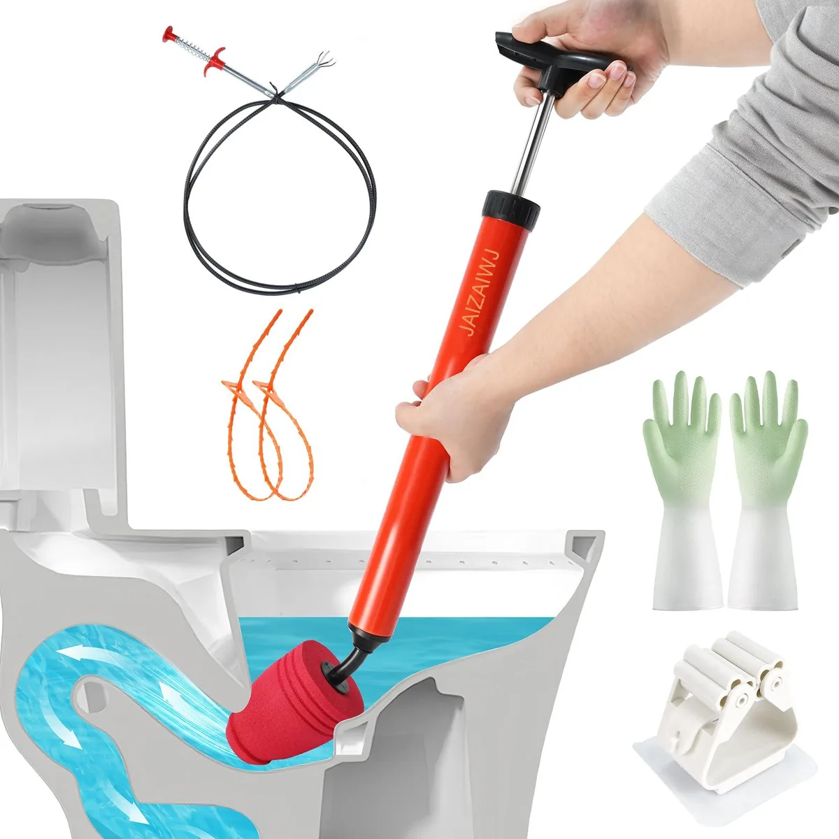 Toilet Plunger & Bathroom Plunger Kit High Pressure Heavy Duty 51cm 200cm — product photo