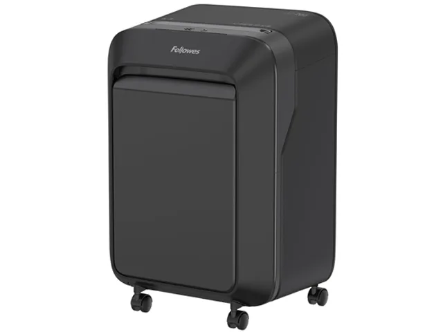 Black micro-cut office shredder on wheels, tall rectangular shape