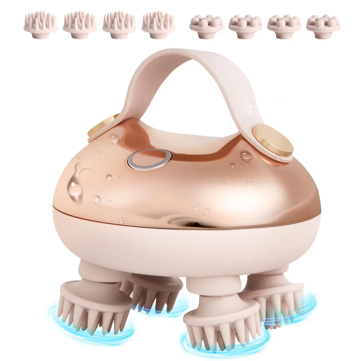 Pink silicone scalp massager with 8 heads and 128 nodes, 3.4 by 3.4 by 2.5 inches
