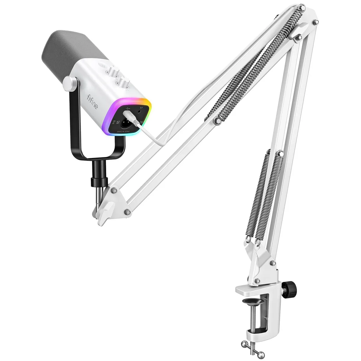 White dynamic microphone on adjustable boom arm with RGB lighting