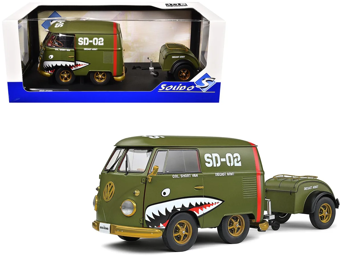 Solido Solido 1950 Volkswagen Kool Kombi Van "Army Fighter" 1/18 Diecast with Trailer — product photo