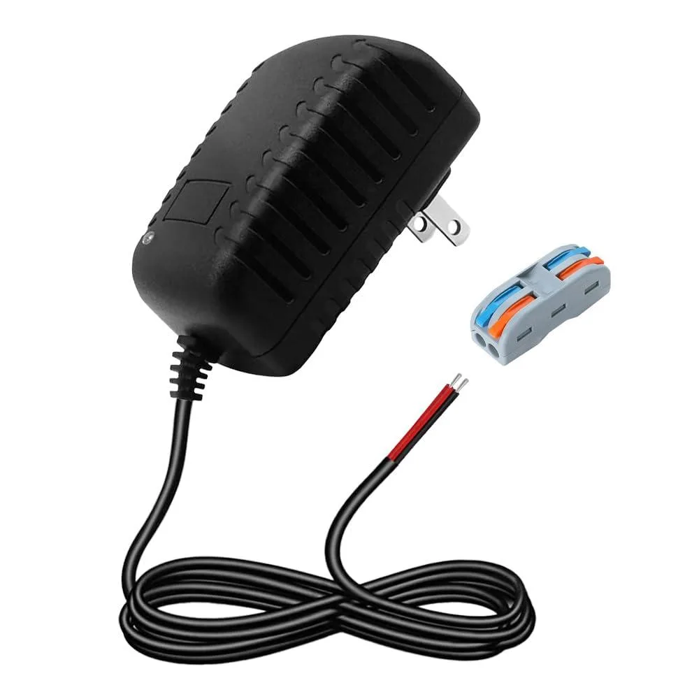 Black plastic 12V 2A power adapter with bare wires and quick connector