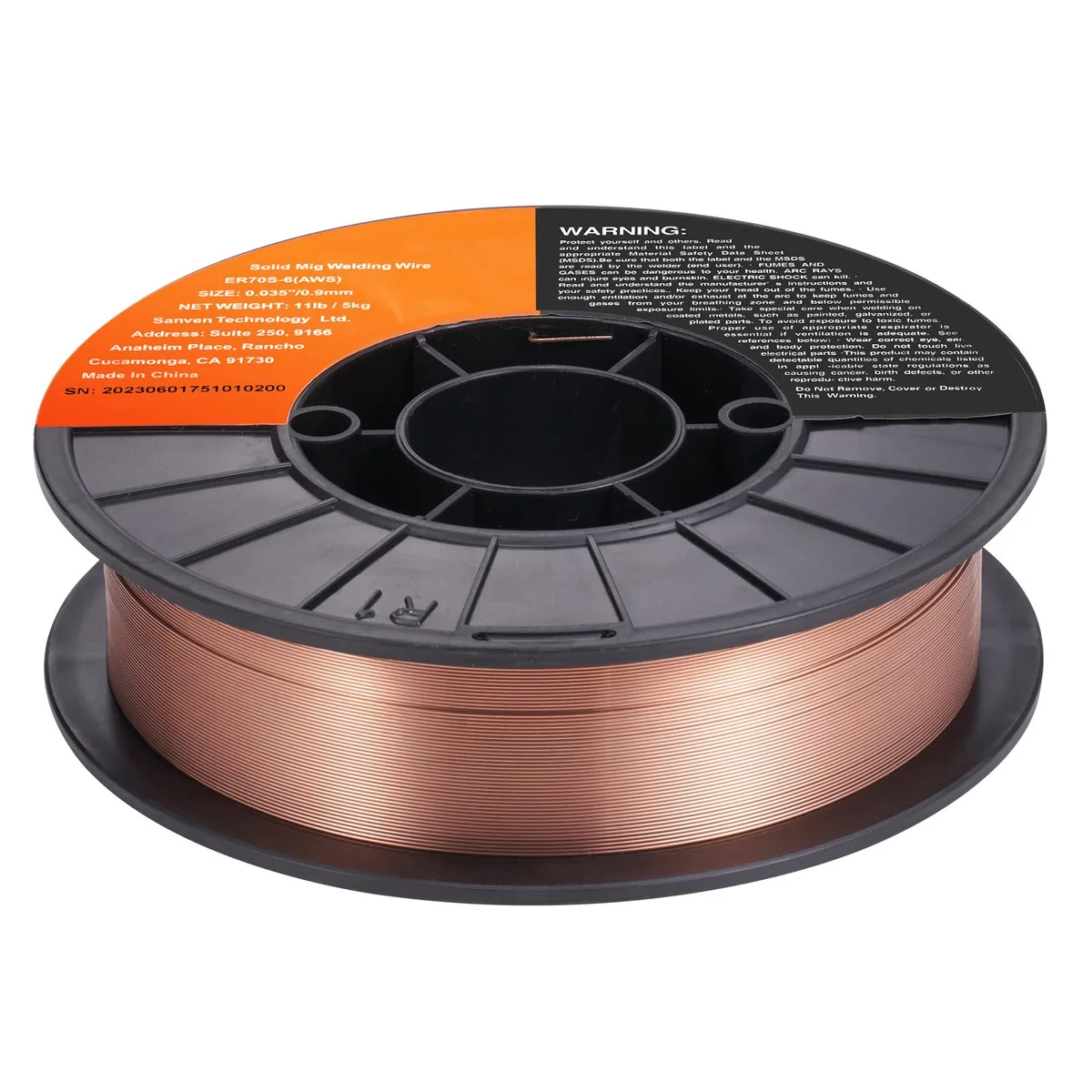 Blue plastic spool holding 11 lb of .035 inch copper-coated steel welding wire