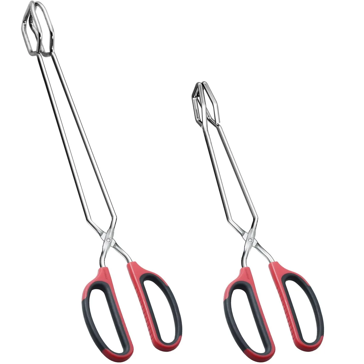 Two red-handled stainless steel scissor tongs, 12 and 16 inch, brushed finish