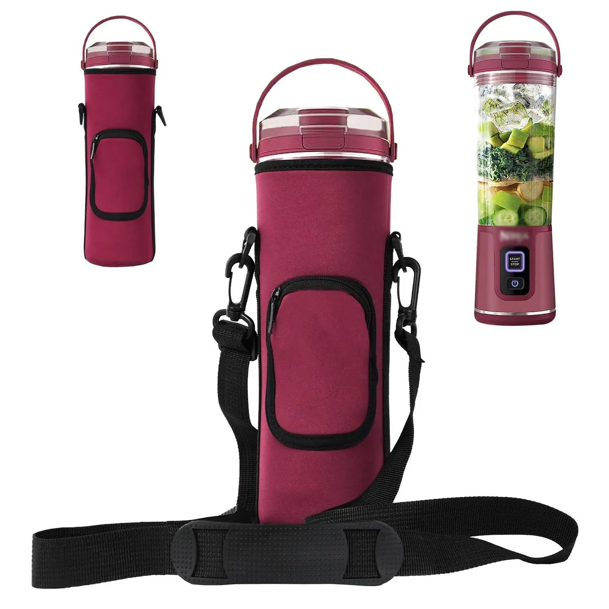 Burgundy neoprene sleeve for Ninja portable blender with adjustable shoulder strap and accessory pocket