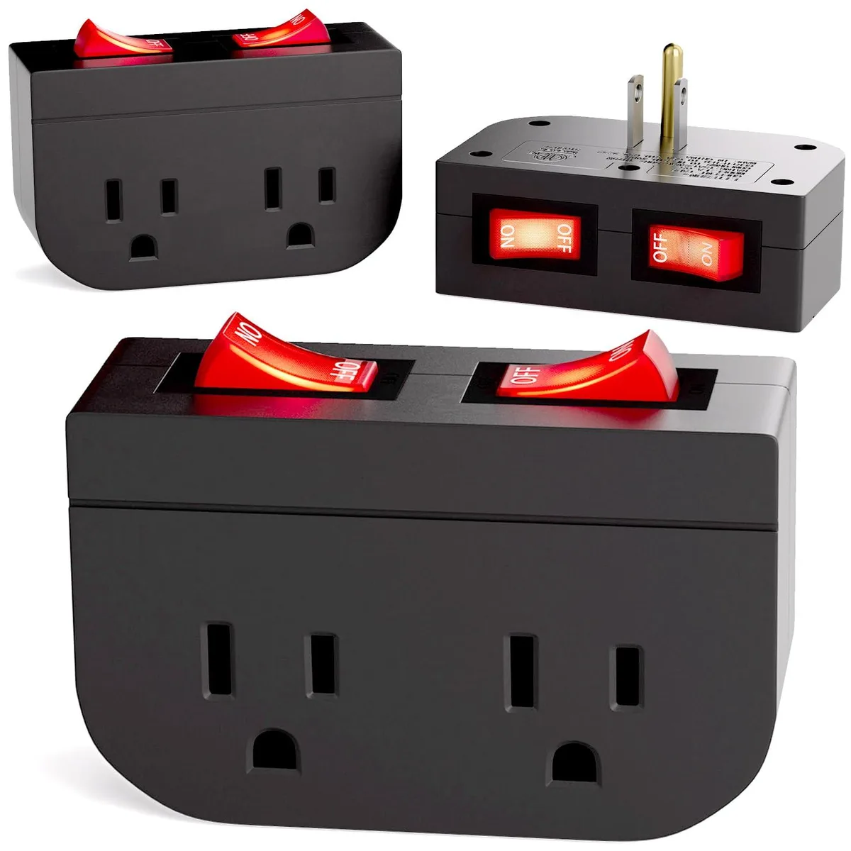  POWAWINI P-321 3-Pack Grounded Outlet Adapter, Dual Switch, Red Indicator — product photo