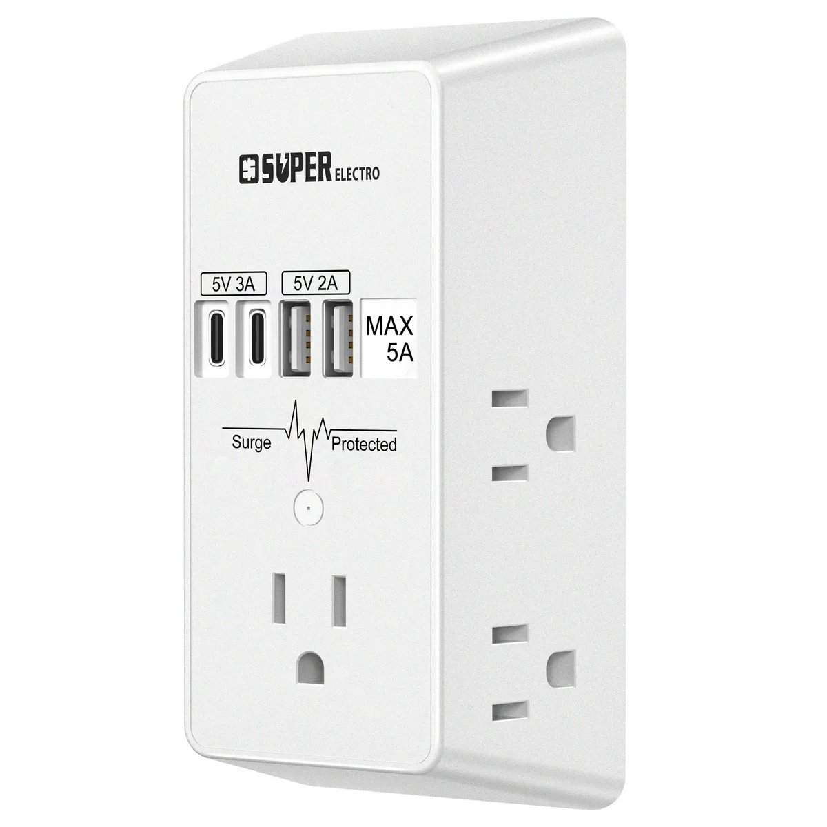 Three-sided white power strip with five AC outlets and four USB ports