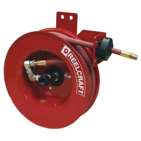 Wall-mounted steel hose reel with red PVC hose visible