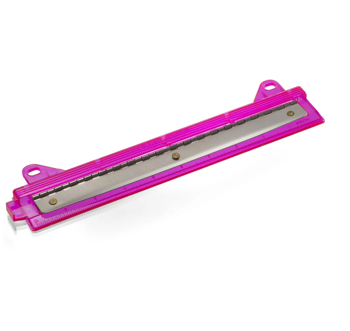 Translucent plastic three-hole punch with ruler edge, assorted colour