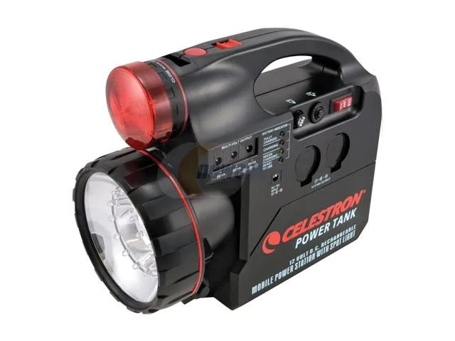 Black rectangular portable power unit with built-in spotlight and red filter cap