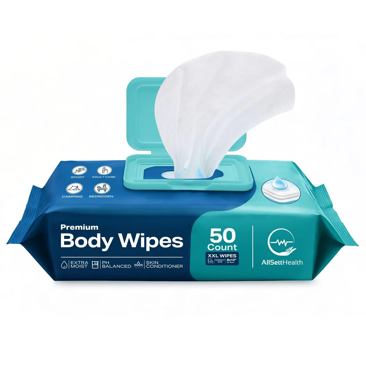 Pack of 50 XL body wipes in rectangular plastic tub