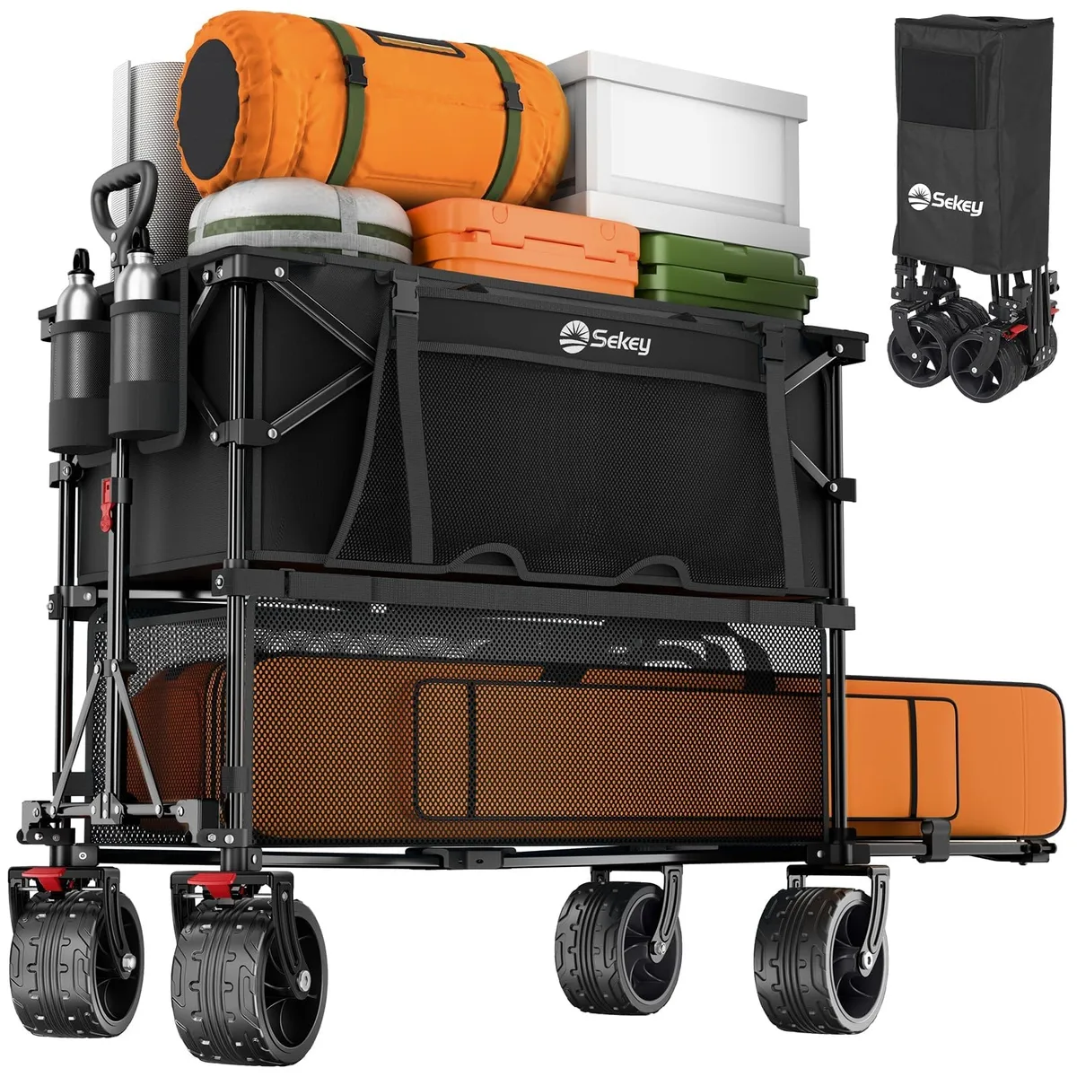 Carbon black double-decker wagon with large wheels and brakes