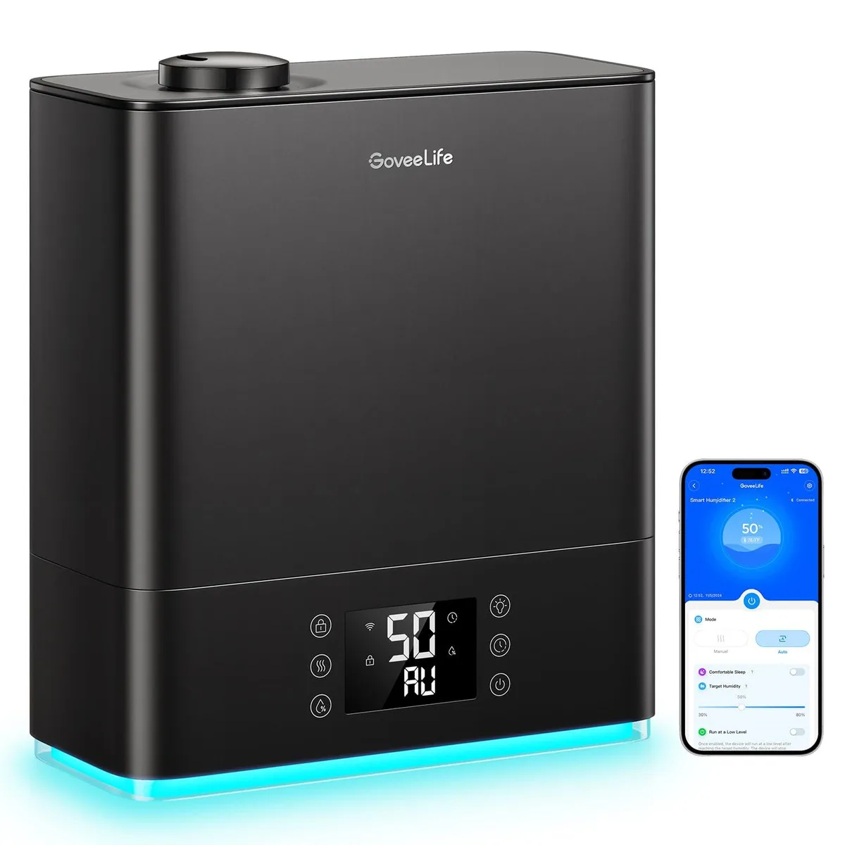 White tower humidifier with top-fill opening and RGB nightlight ring
