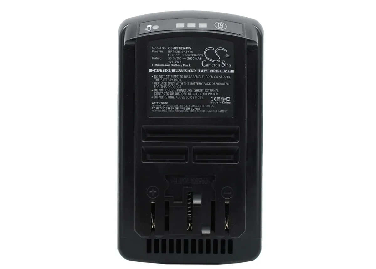 Rectangular black power-tool battery with label showing 3000mAh 108.00Wh