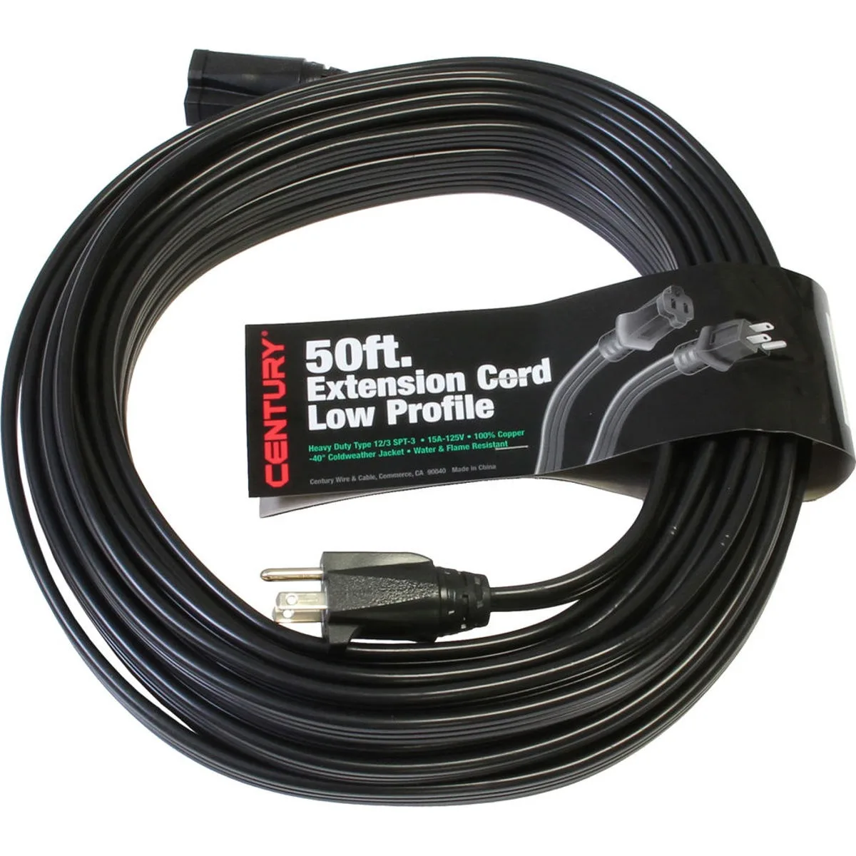 Milspec Industries, Inc. Milspec Industries, Inc 50 ft 12/3 SPT-3 Low Profile Flat Computer Power Extension Cord, Black — product photo