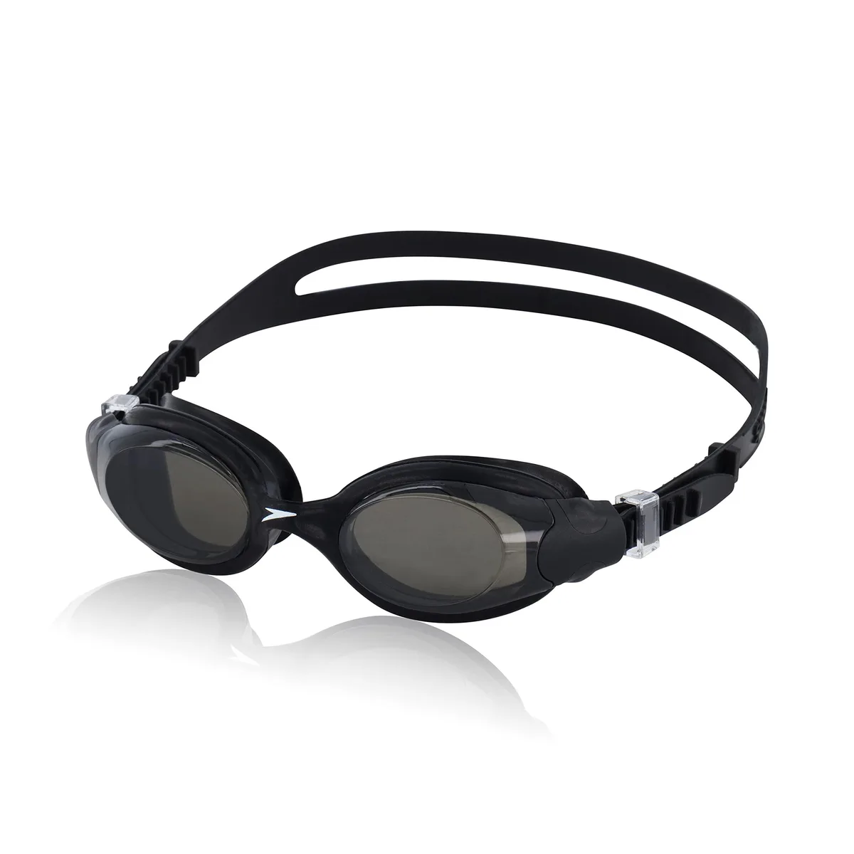 Black swim goggles with mirrored smoke lenses and flexible frame