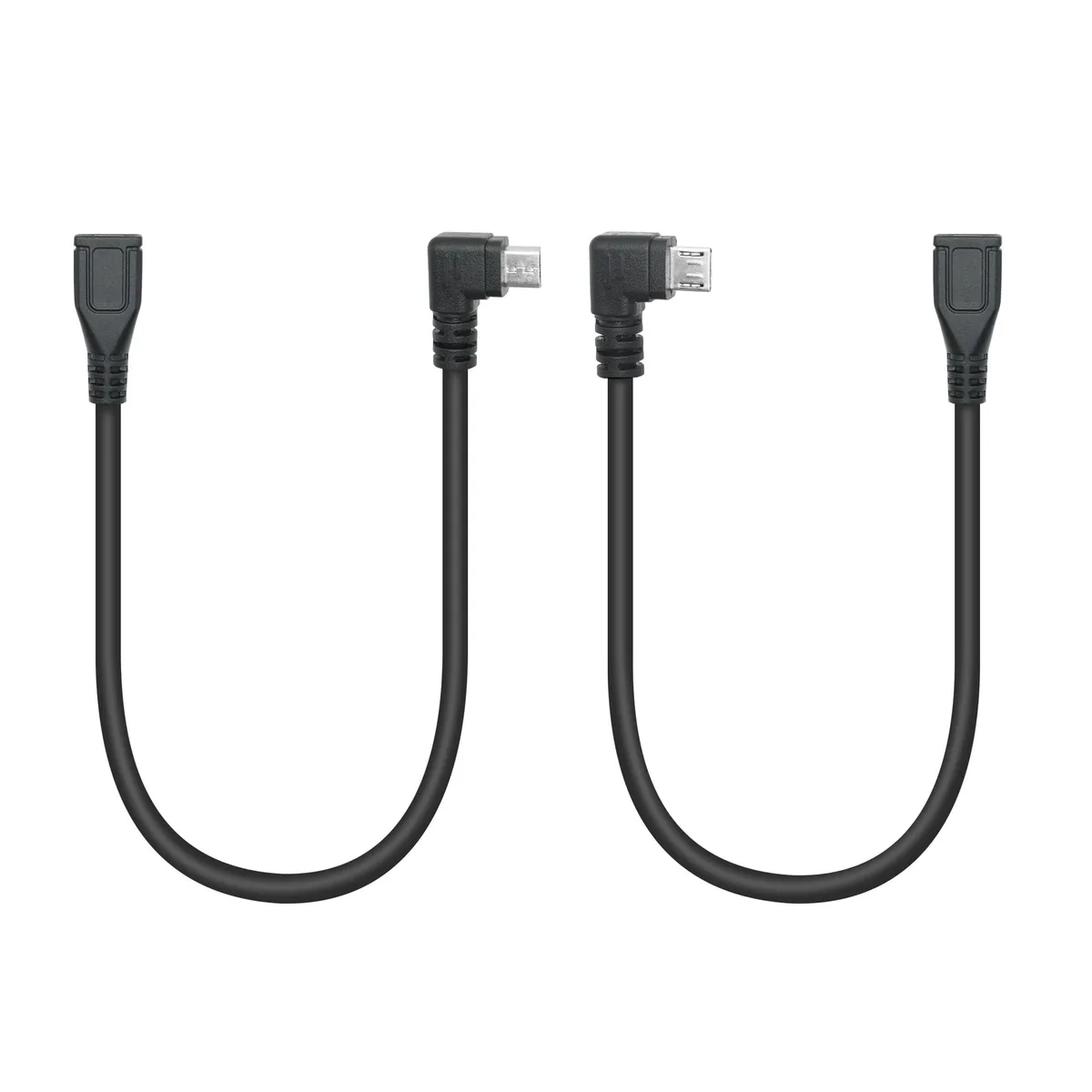 Two short black Micro USB cables with 90-degree left and right angled connectors