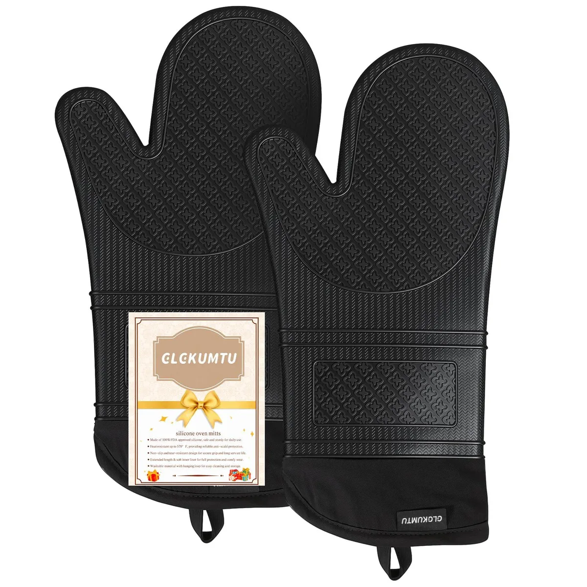  CLCKUMTU Silicone Oven Mitts 14.2" 570°F Black 2-pack — product photo
