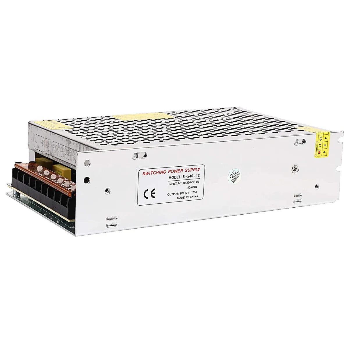 Rectangular metal power supply unit, matte grey finish, screw terminals on one side