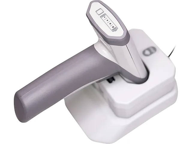 Light gray handheld barcode scanner with charging base and cable