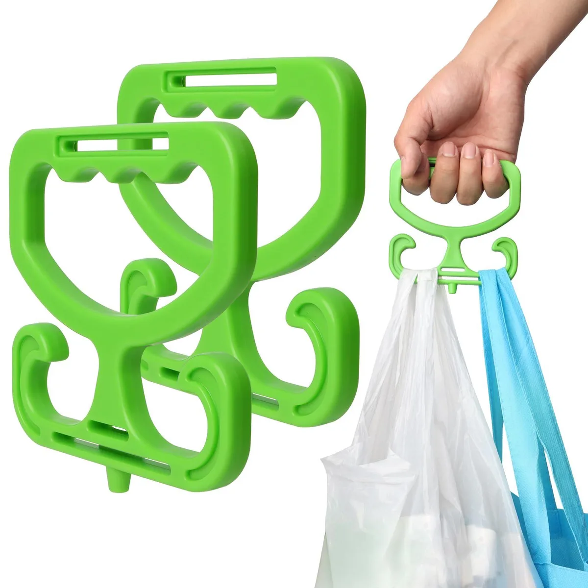 Two green plastic grocery bag carriers with ergonomic handles