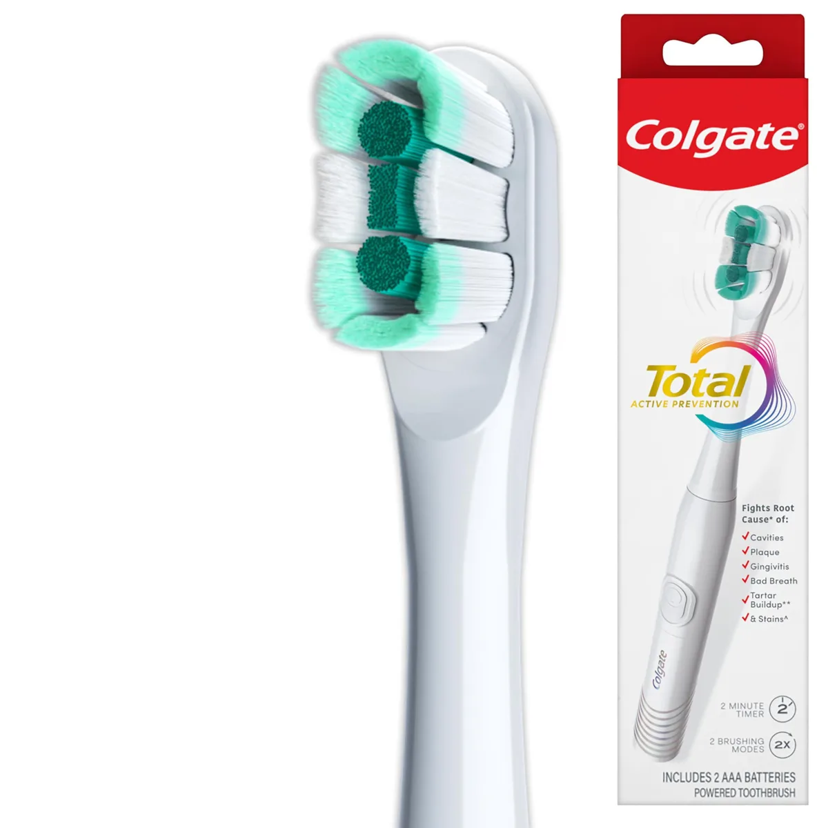 White battery electric toothbrush with soft bristles and built-in timer