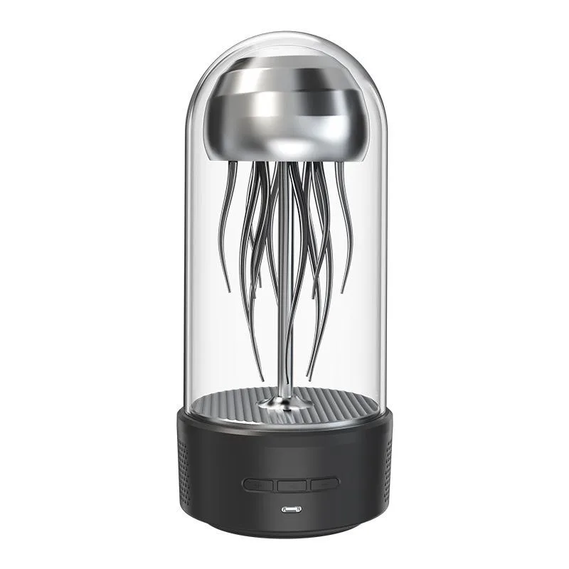 Grey jellyfish-shaped Bluetooth speaker in glass dome with colourful lights