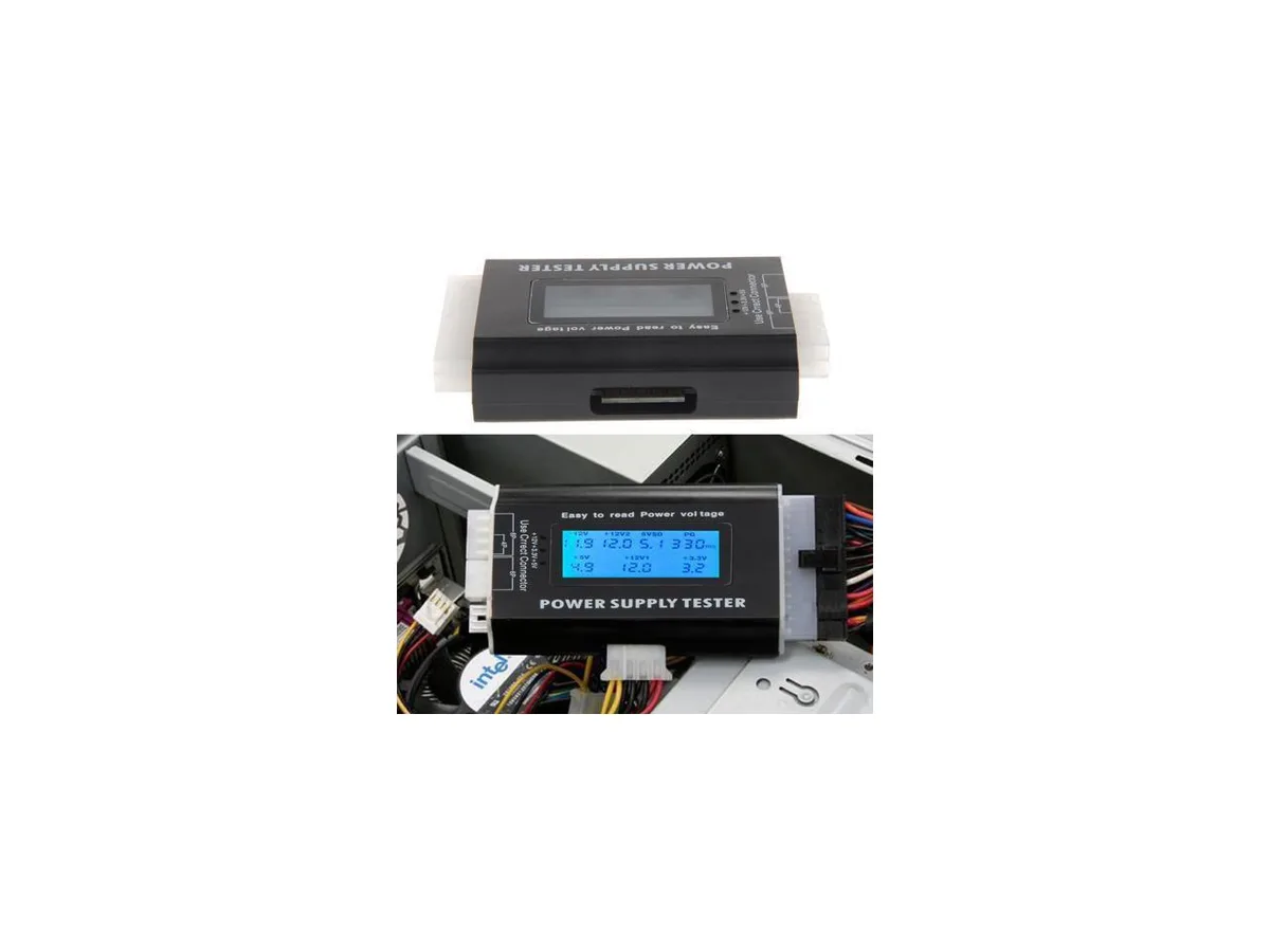 Compact black PSU tester with LCD screen and multiple connector ports