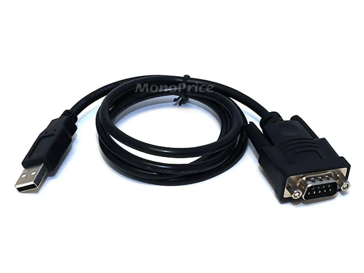 Black USB-A to DB9 serial converter cable, three feet long