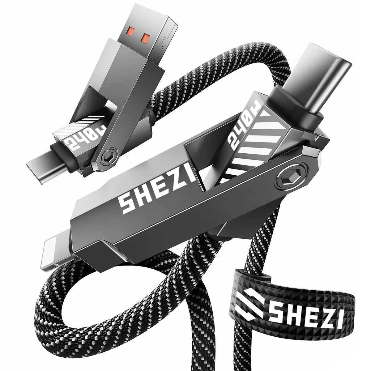 Grey nylon-braided 5 ft cable with four connectors in a rocket shape