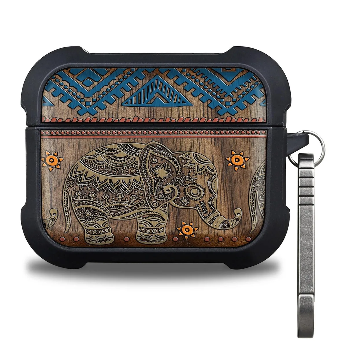 Wooden AirPods Pro case with painted Boho Ele design and metal keychain clasp