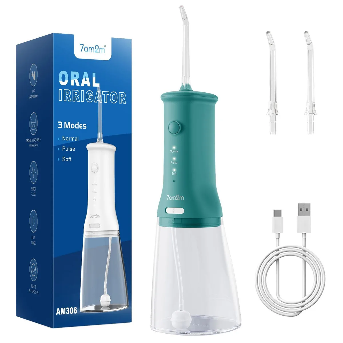 Green cordless water flosser with detachable 350 ml tank and rotatable nozzle