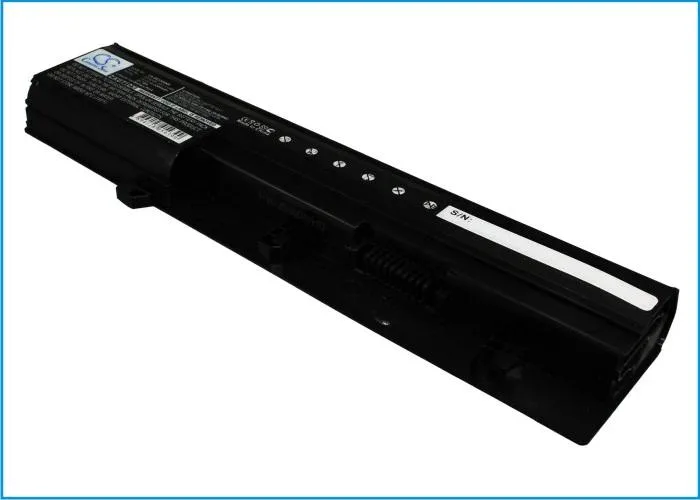 Rectangular black laptop battery with label and connector