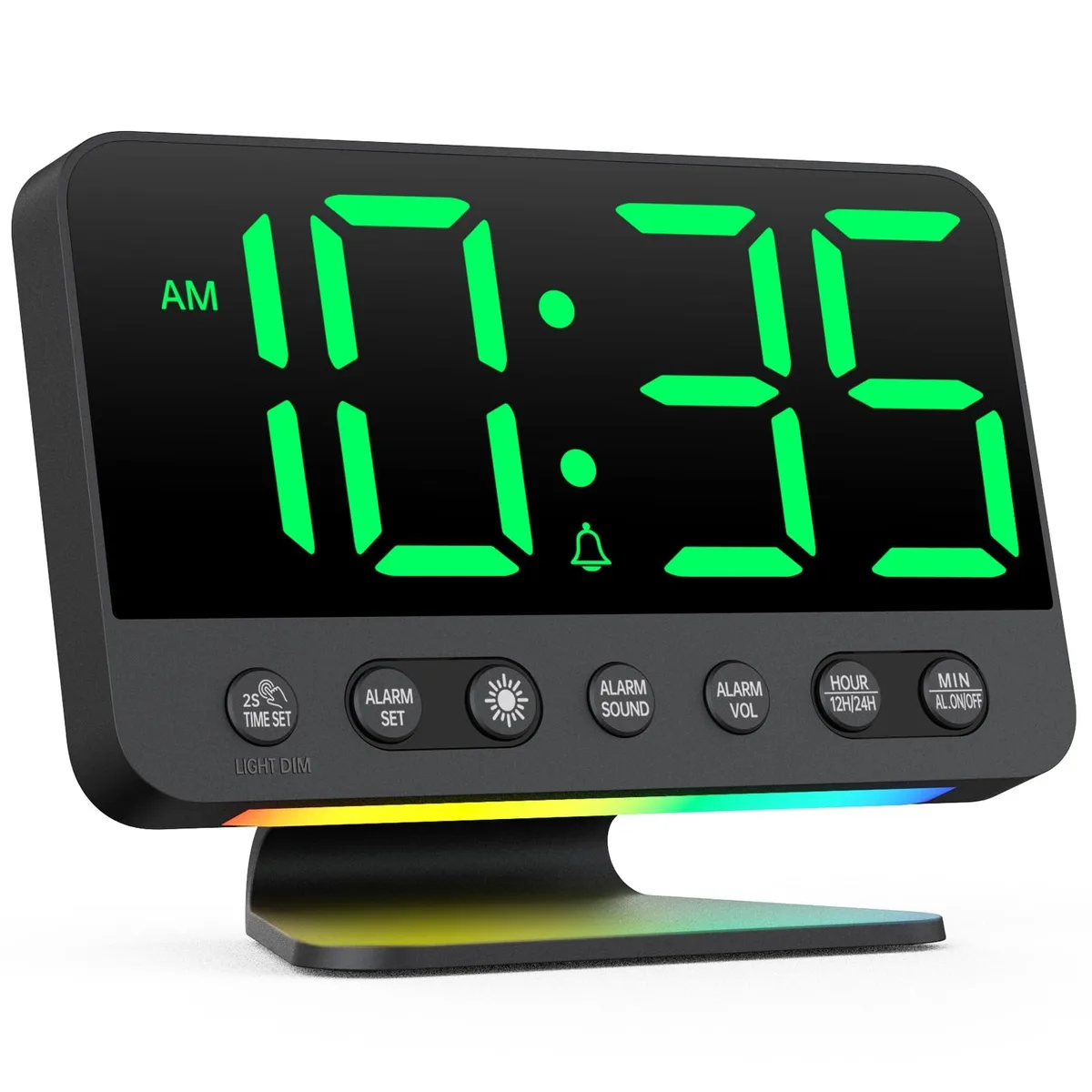 Black rectangular digital clock with green digits, 5.5 in wide