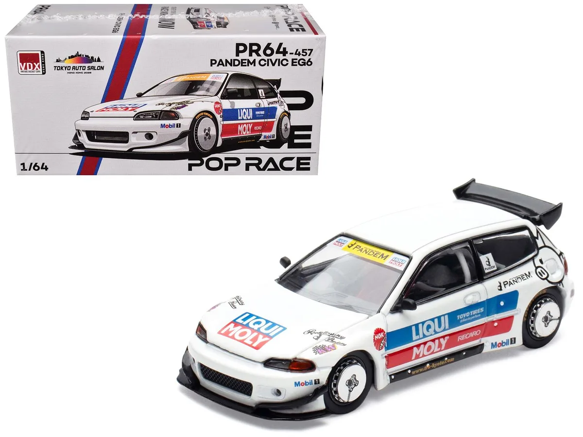 Pop Race Pop Race Pandem Civic EG6 RHD White Stripes Tokyo Auto Salon Hong Kong 2025 1/64 hobby collectible — product photo