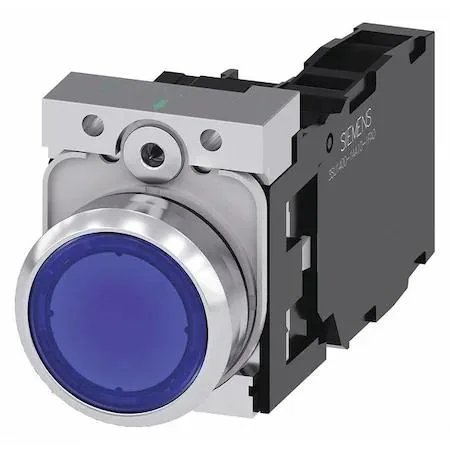 Blue illuminated push button with nickel-plated bezel and flush plastic head