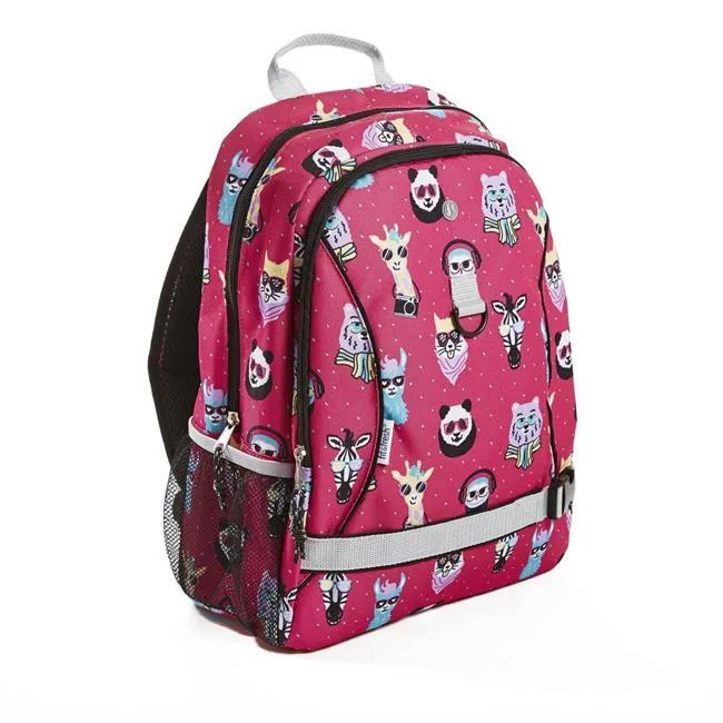 Pink backpack with animal print and padded straps