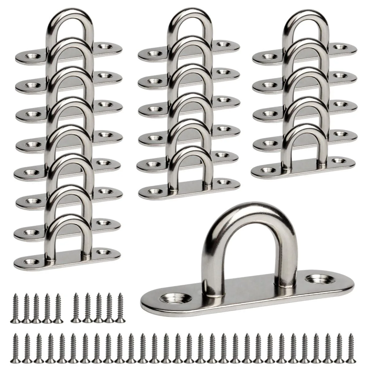 Twenty stainless steel ceiling hooks with mounting plates and screws silver finish
