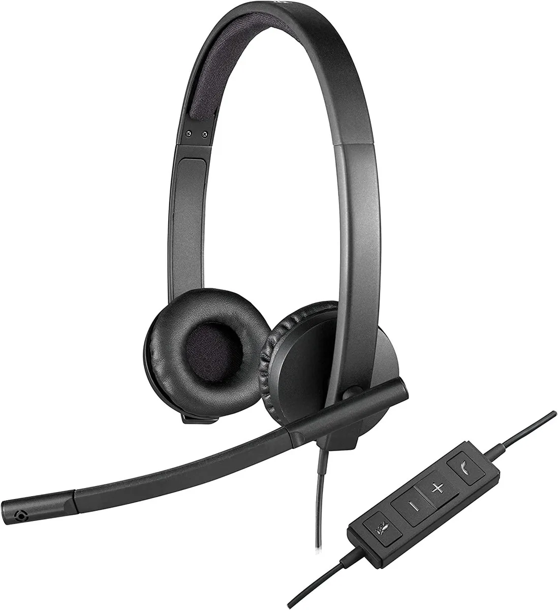 Black over-ear USB headset with padded leatherette ear cups, adjustable headband, inline controls and noise-cancelling boom mic