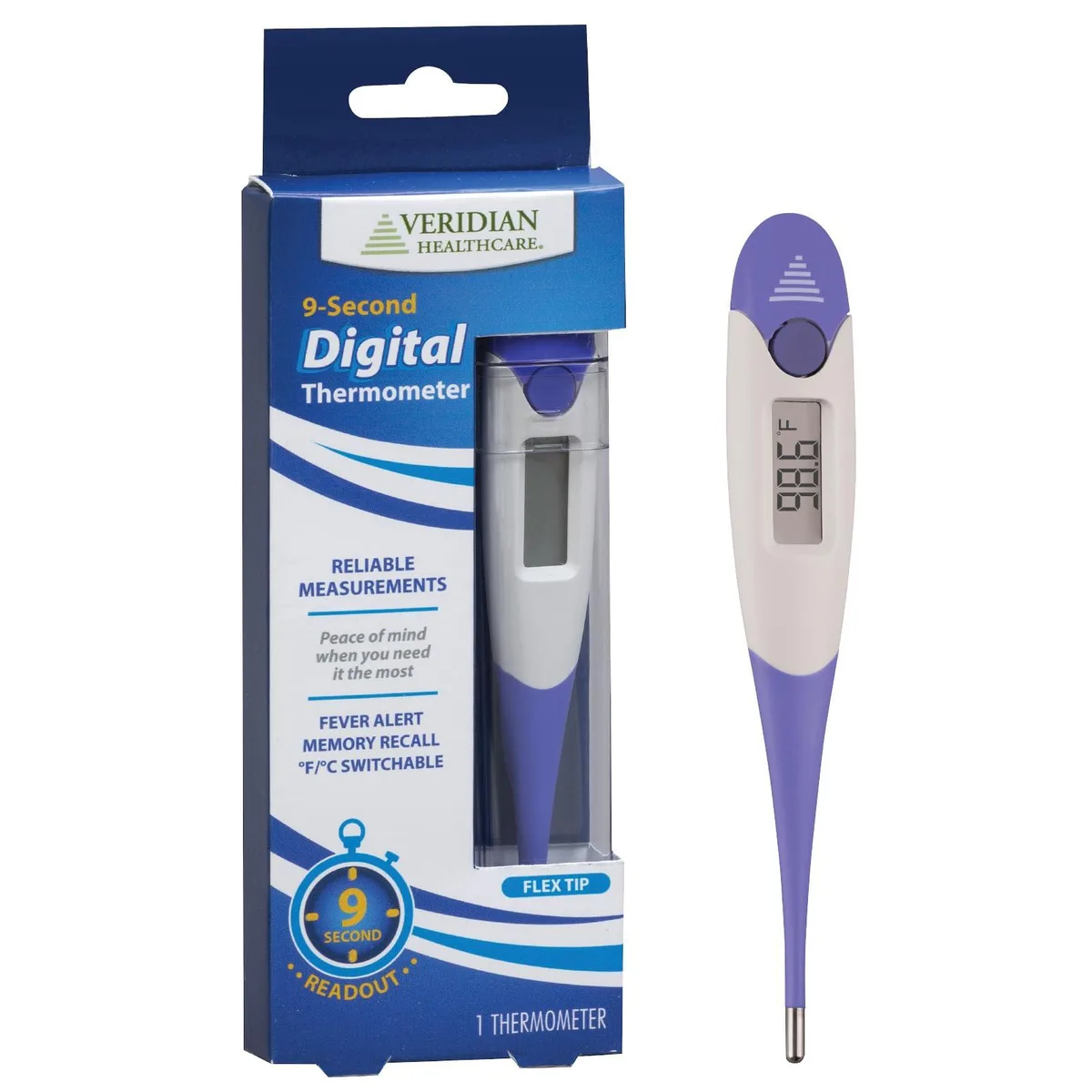Purple digital stick thermometer with flexible tip and display