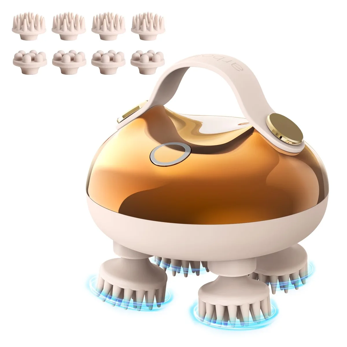 Gold electric scalp massager, round silicone body with 128 nodes