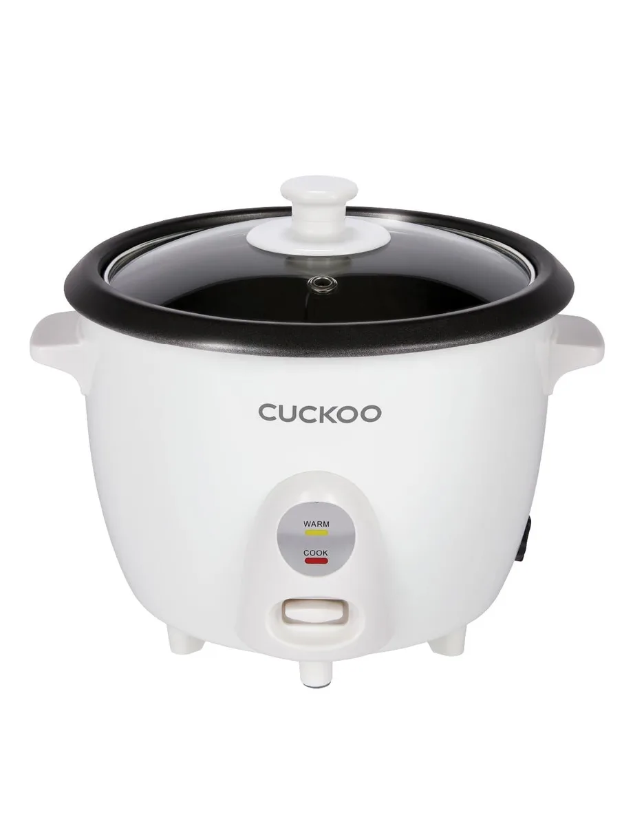 White rice cooker with glass lid and cool-touch handles