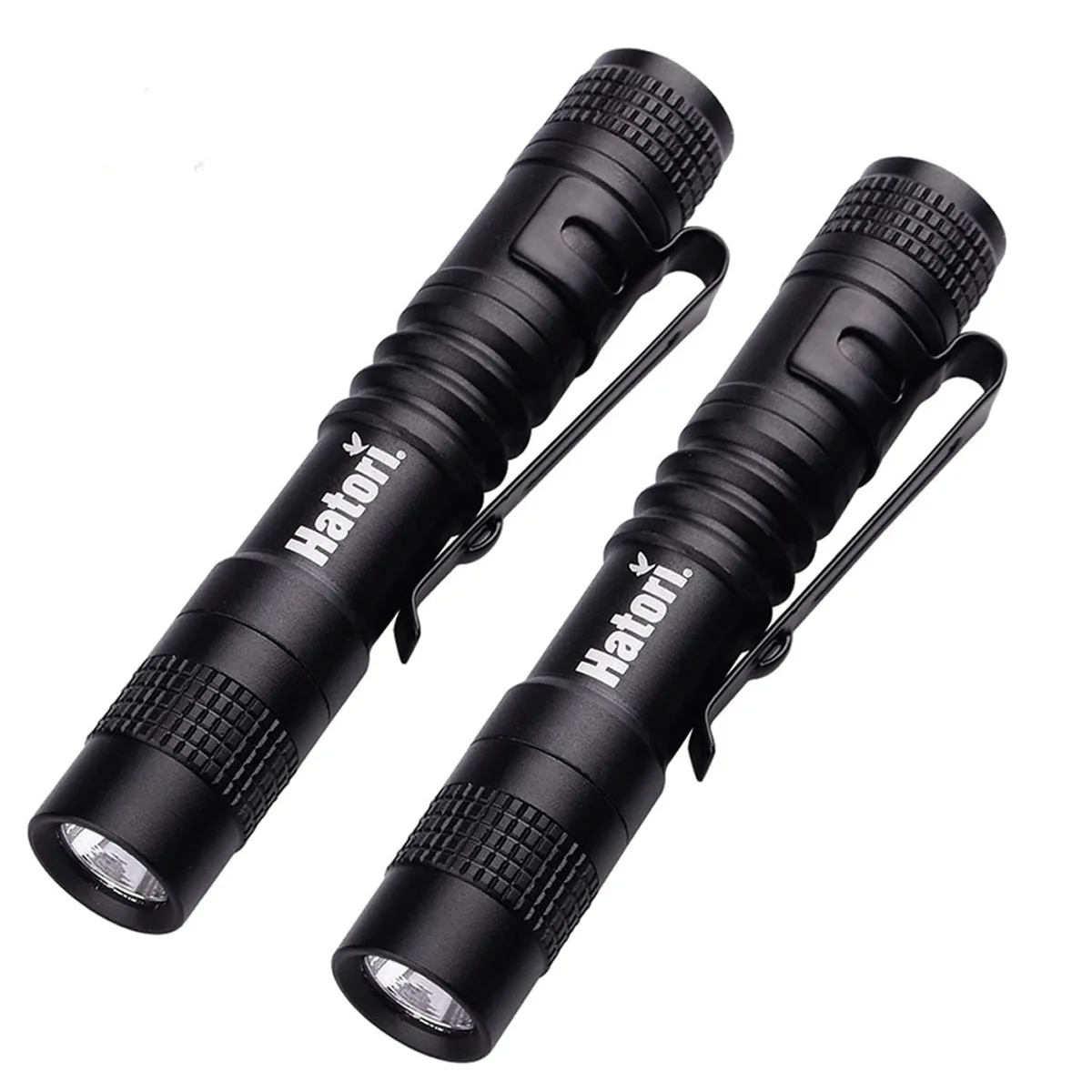 Two black cylindrical aluminium mini flashlights with pocket clips, each 3.55 inches long
