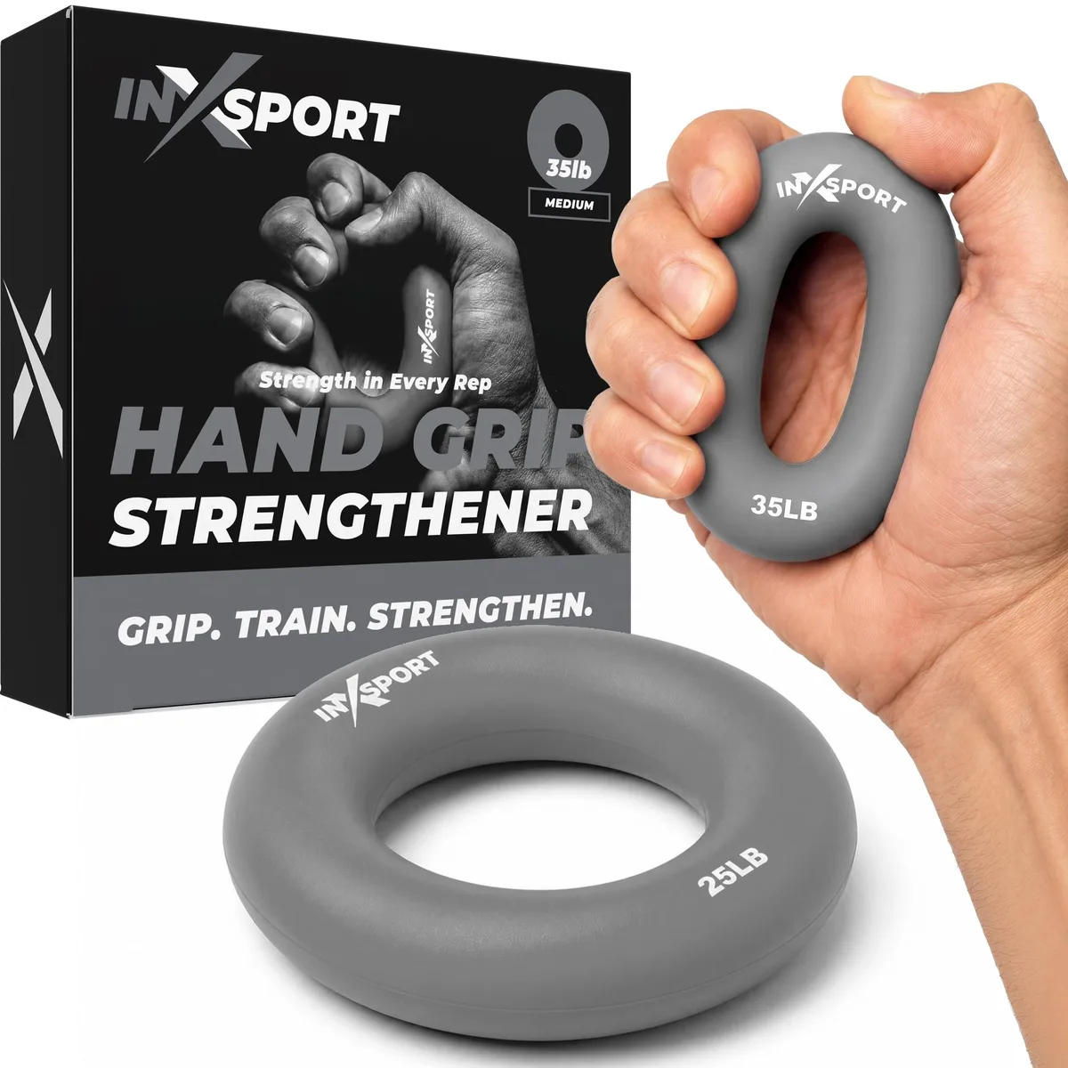 Blue silicone hand grip strengthener, round ergonomic shape, medium 35 LB resistance
