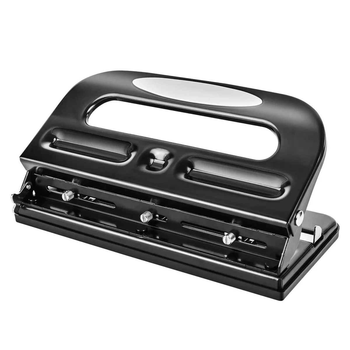 Black desktop three-hole punch with padded handle, paper guide and confetti tray