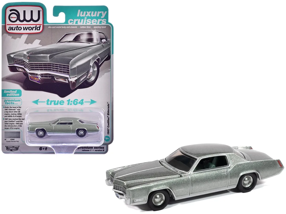 auto world Auto World 1967 Cadillac Eldorado Crystal Firemist Metallic Green Interior Luxury Cruisers 1/64 Diecast — product photo